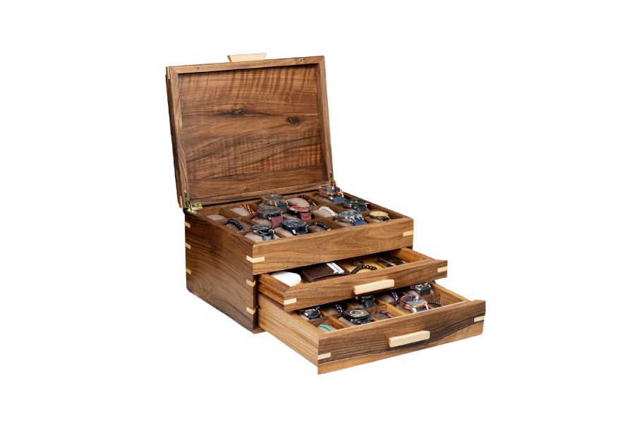 Walnut Watch Box with Drawer (30 Slots)