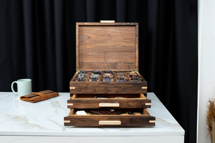 15 Slots Walnut Watch Box with Drawer (2 Drawers)