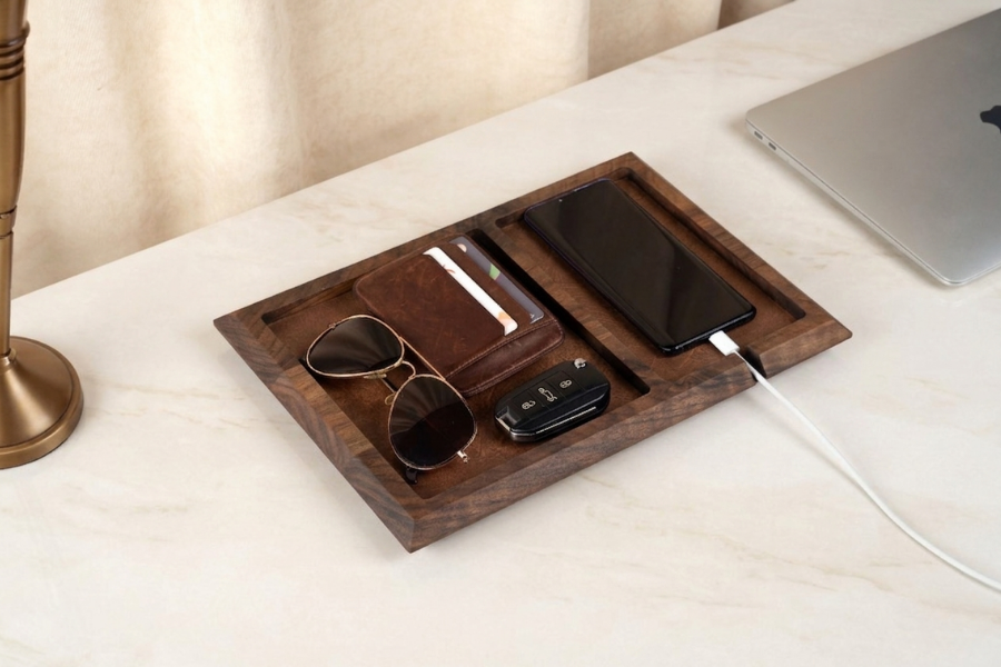 Wooden Valet Tray, Walnut Catch All Tray