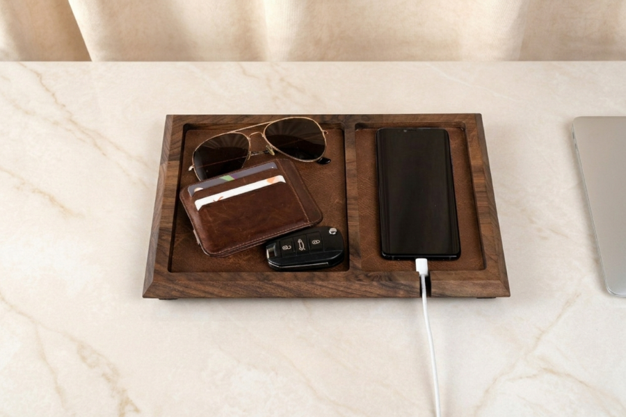 Wooden Valet Tray, Walnut Catch All Tray