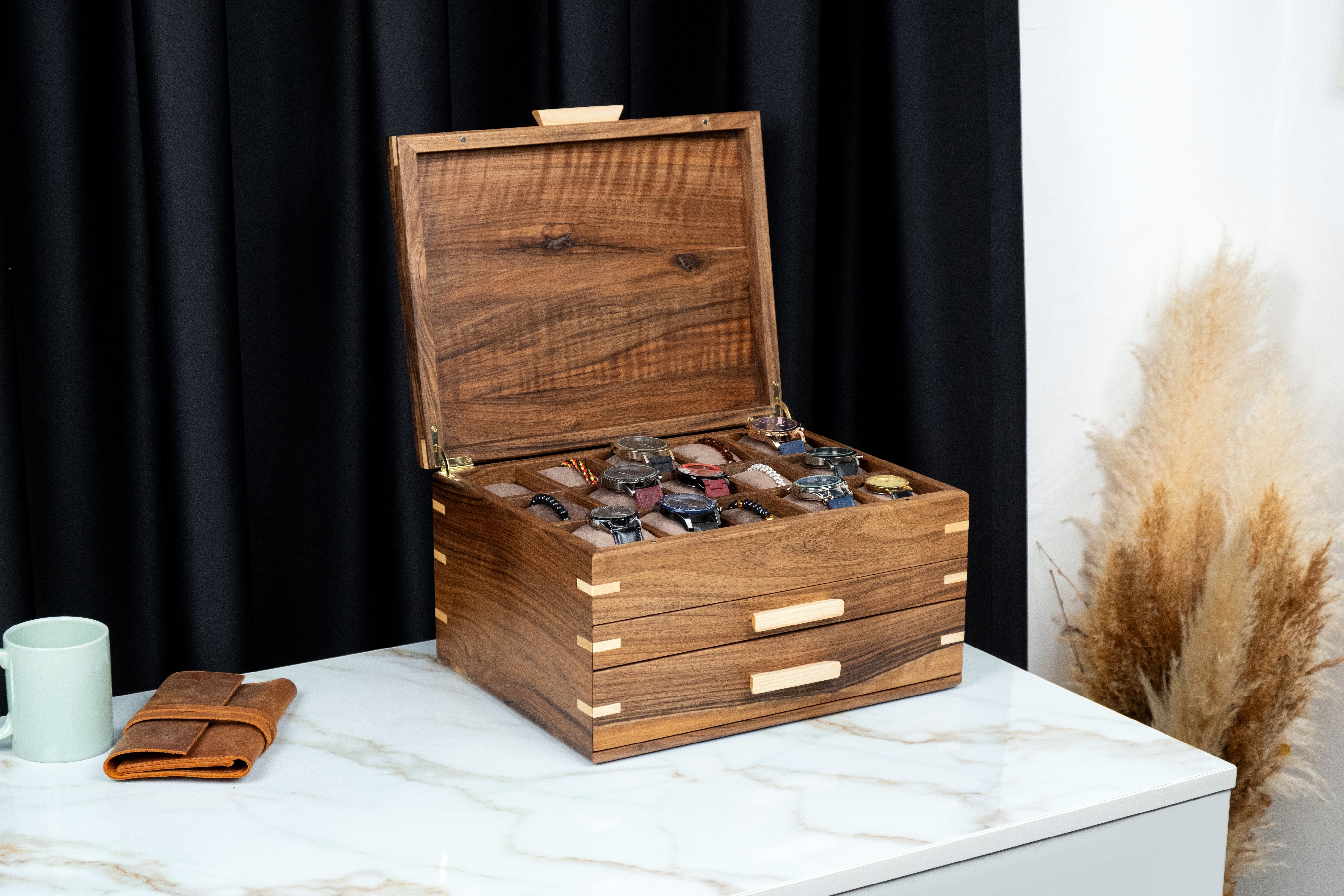 Walnut Watch Box with Drawer (30 Slots)