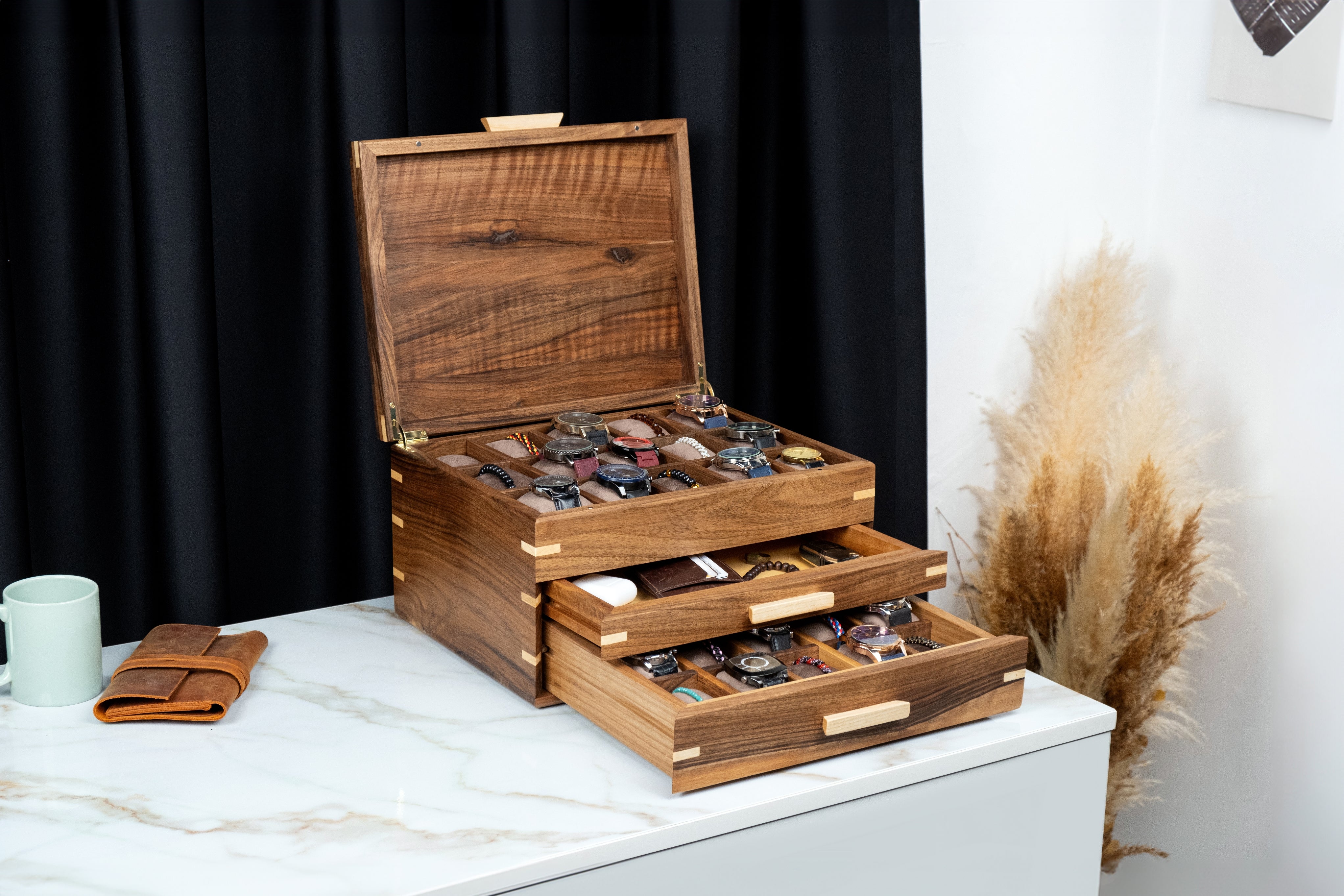 Walnut Watch Box with Drawer (30 Slots)