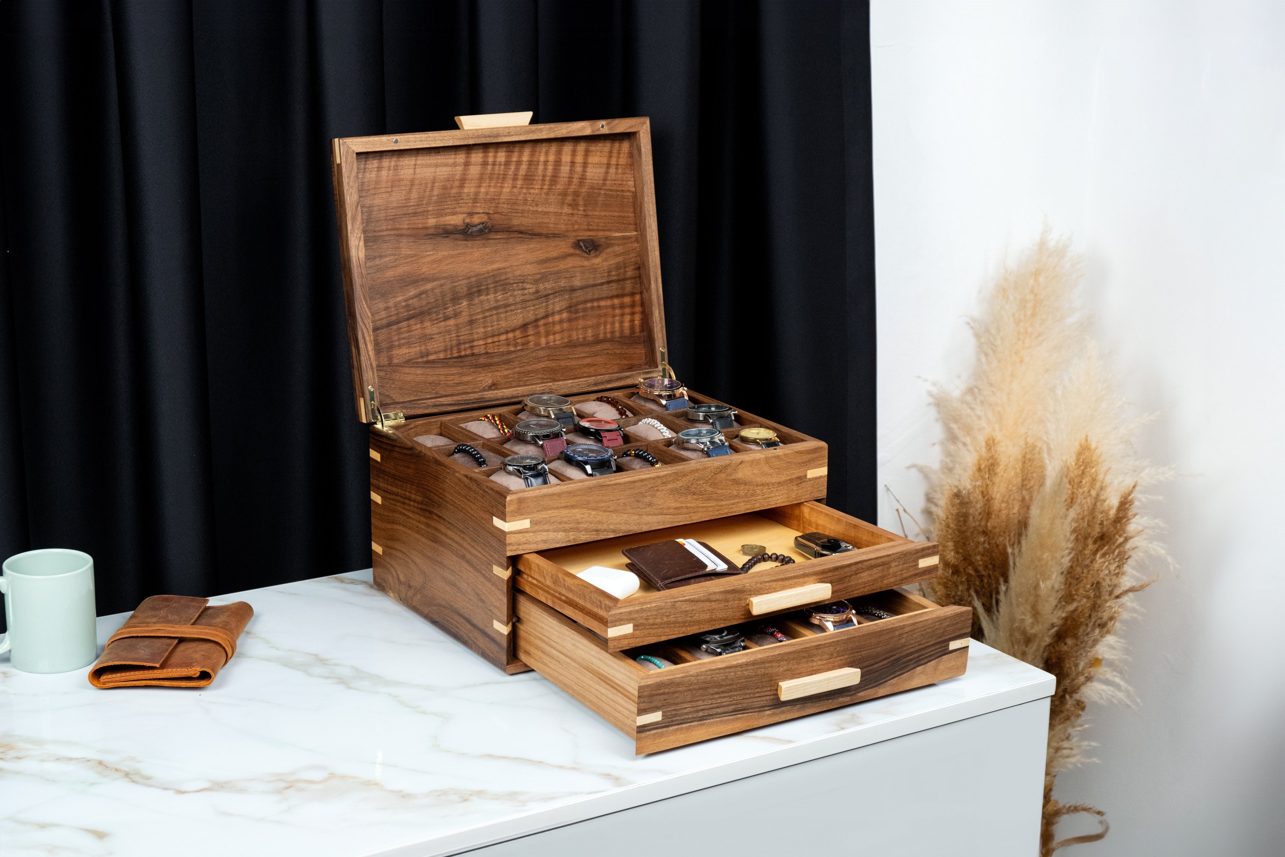 Walnut Watch Box with Drawer (30 Slots)