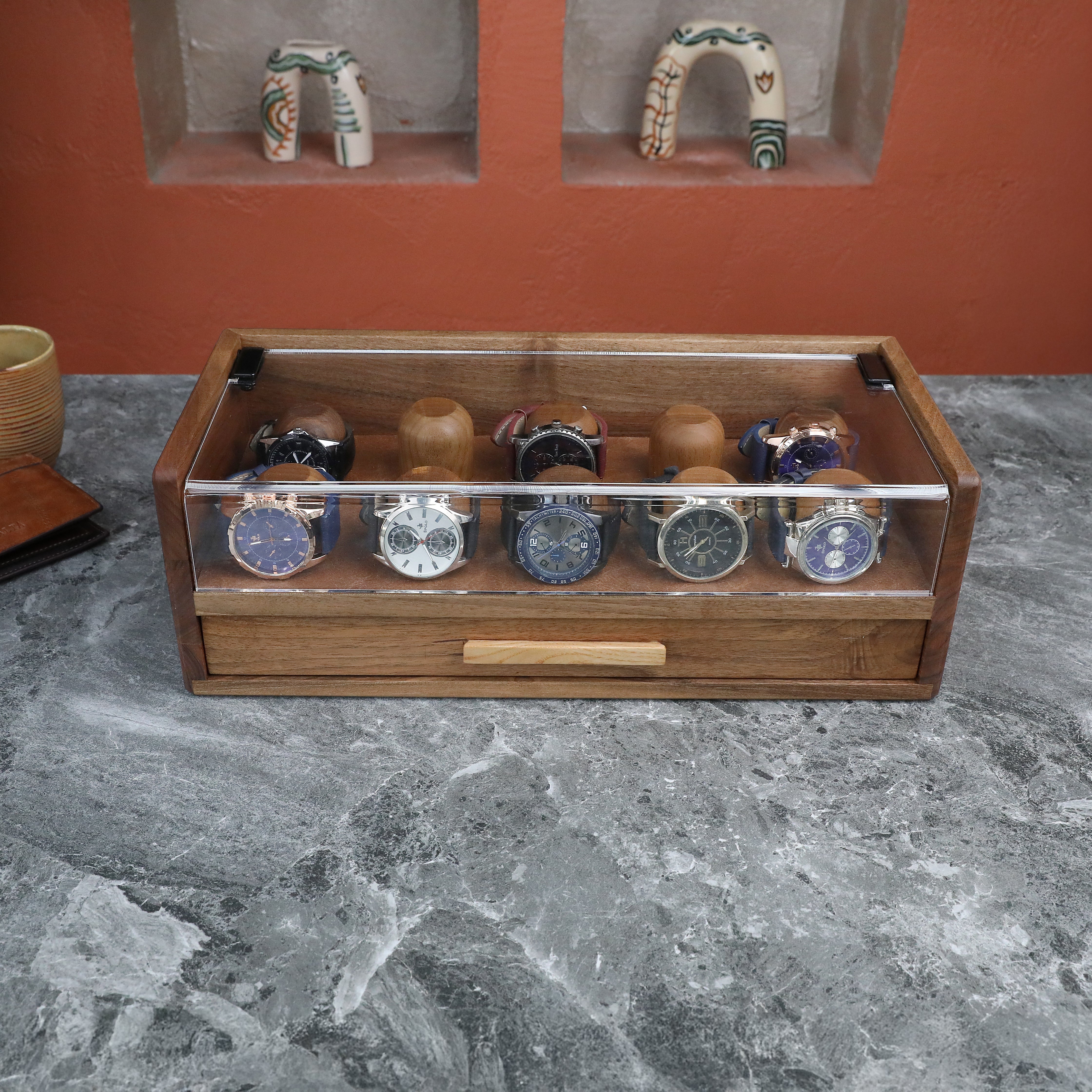 Walnut Watch Display Case with Drawer (for 10 watches)
