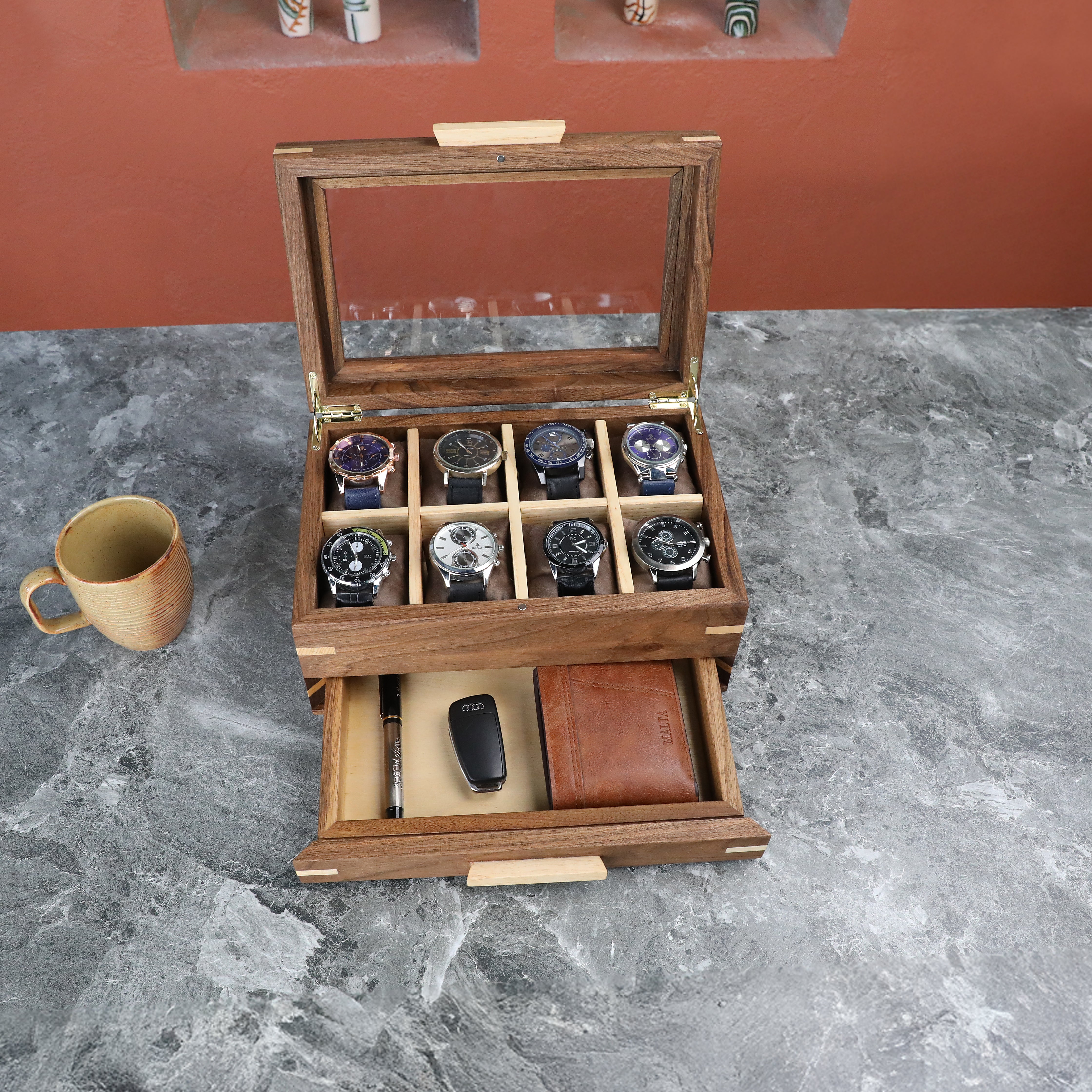 Handmade Personalized Watch Box with Drawer (Glass Lid-8 Slot)