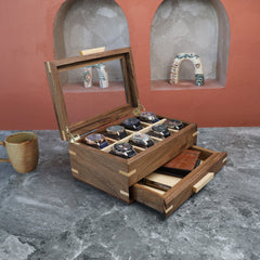 Handmade Personalized Watch Box with Drawer (Glass Lid-8 Slot)