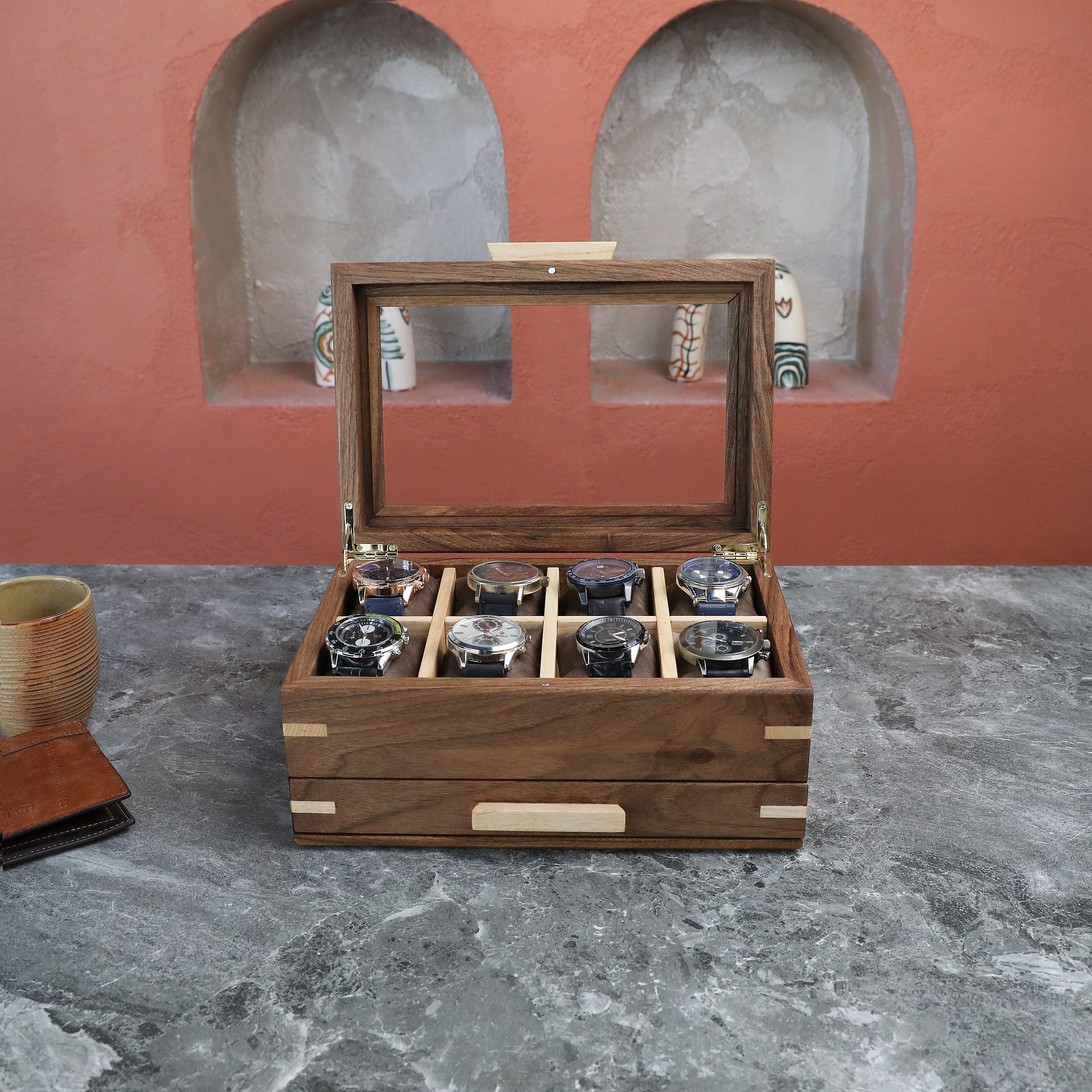 Handmade Personalized Watch Box with Drawer (Glass Lid-8 Slot)