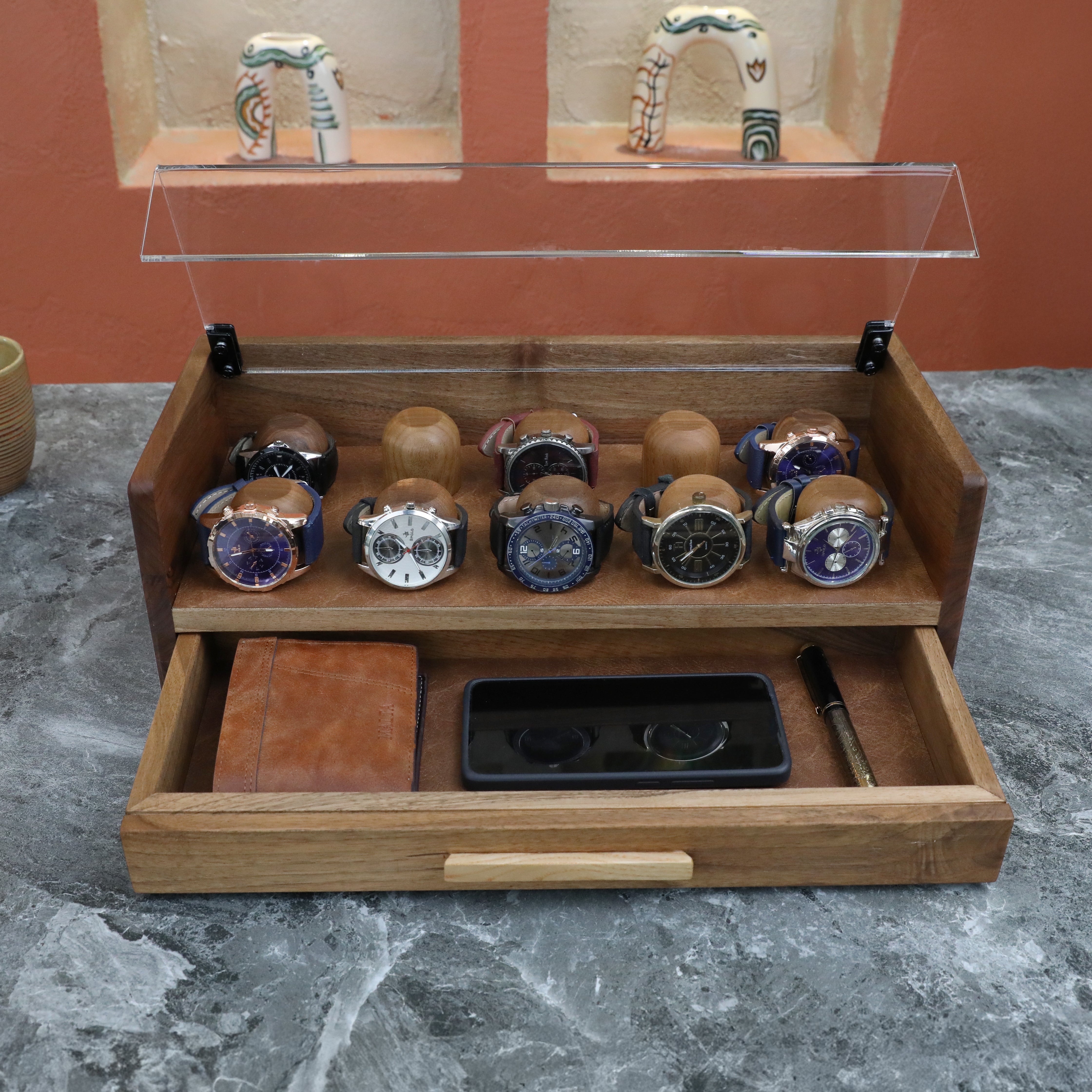 Walnut Watch Display Case with Drawer (for 10 watches)