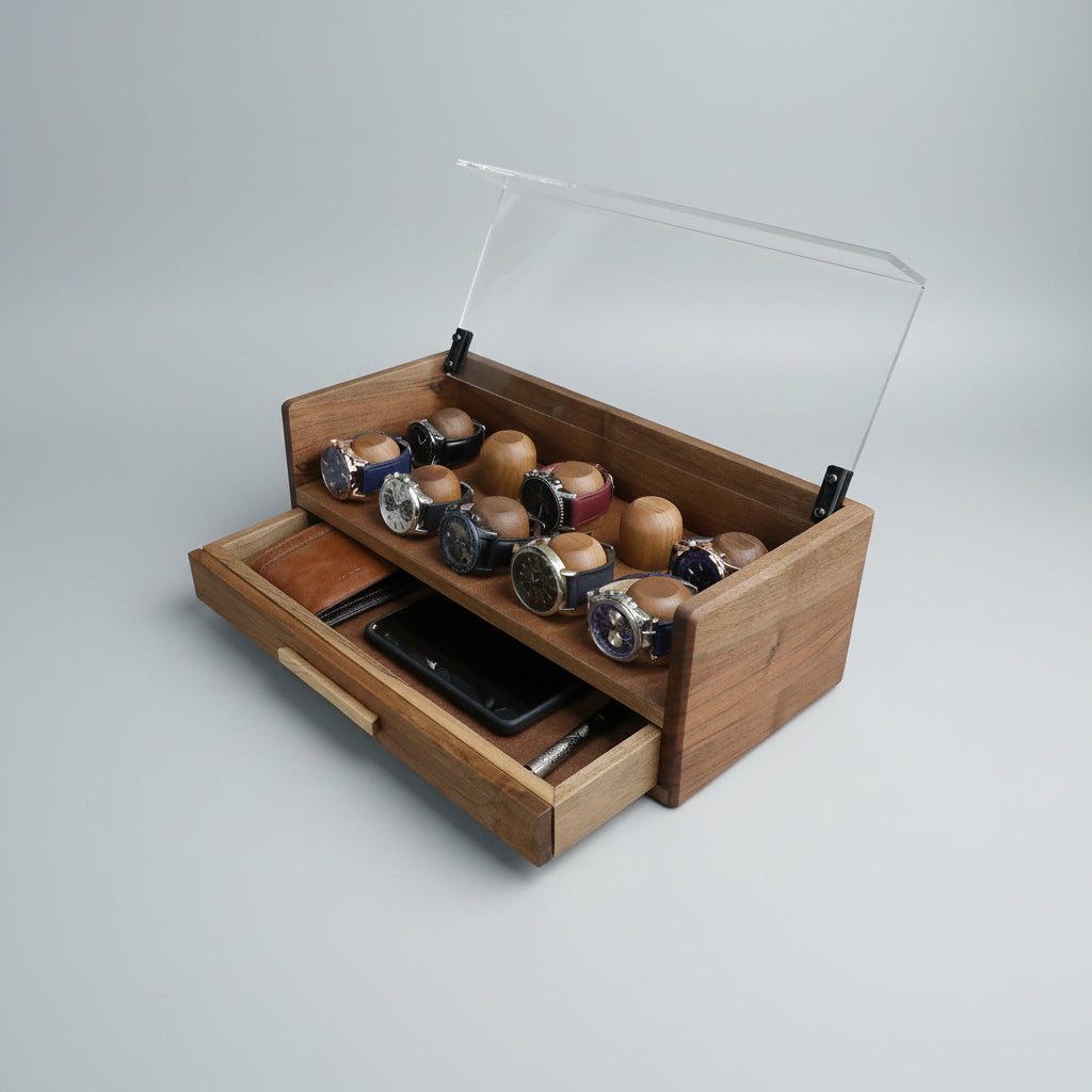 Walnut Watch Display Case with Drawer (for 10 watches)