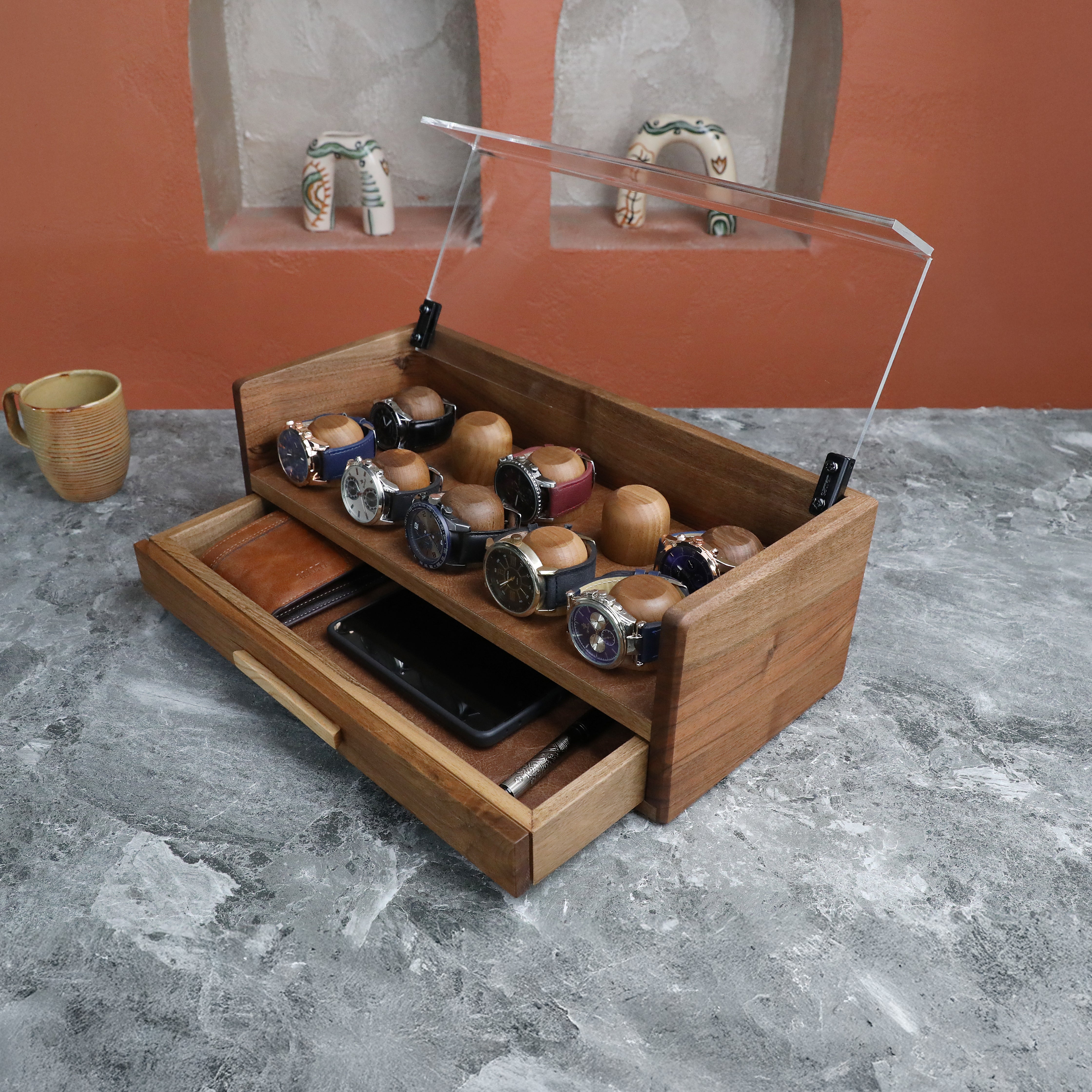 Walnut Watch Display Case with Drawer (for 10 watches)