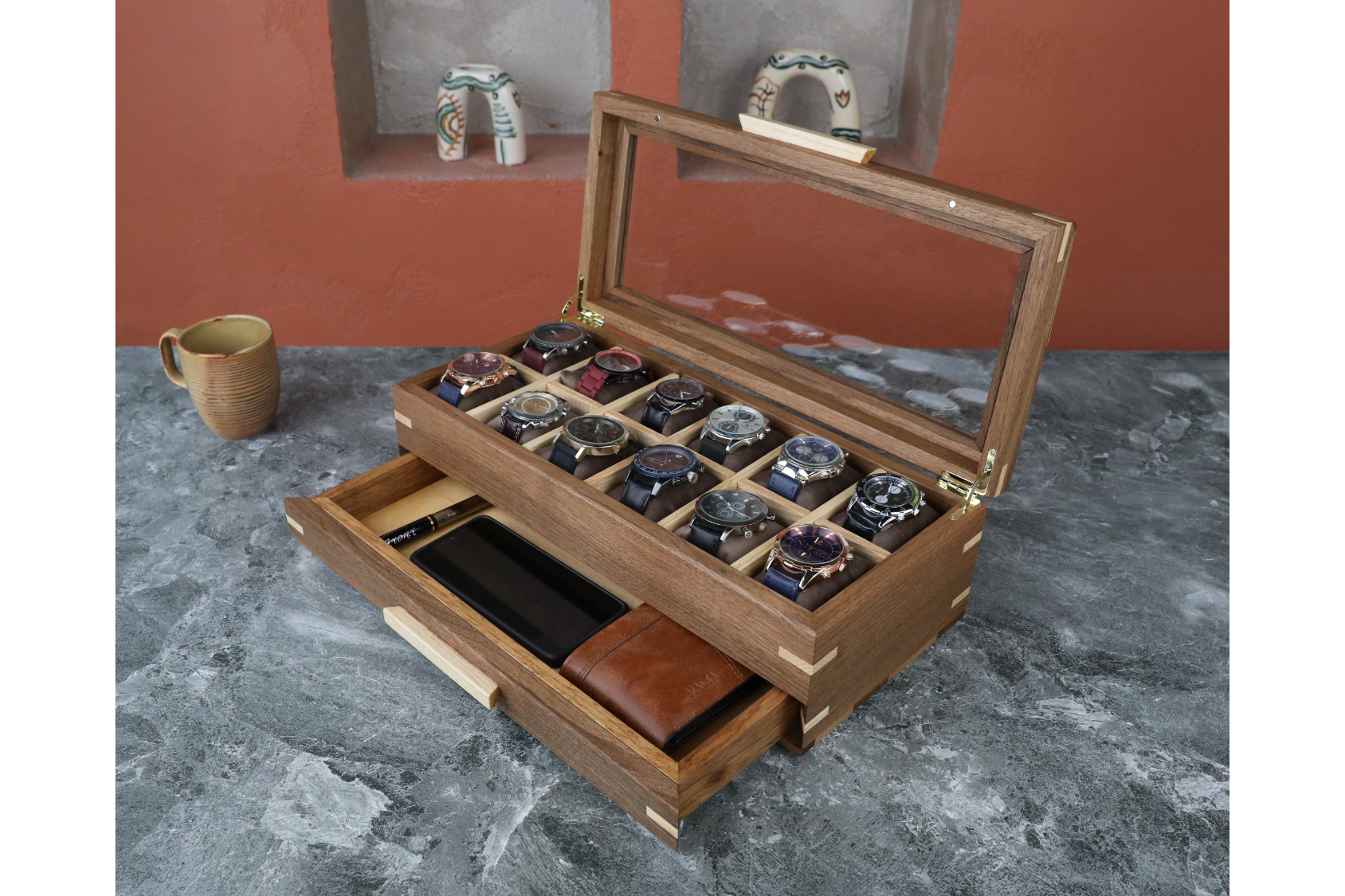 Handmade Wooden Watch Box with Drawer (Glass Lid-12 Slot)