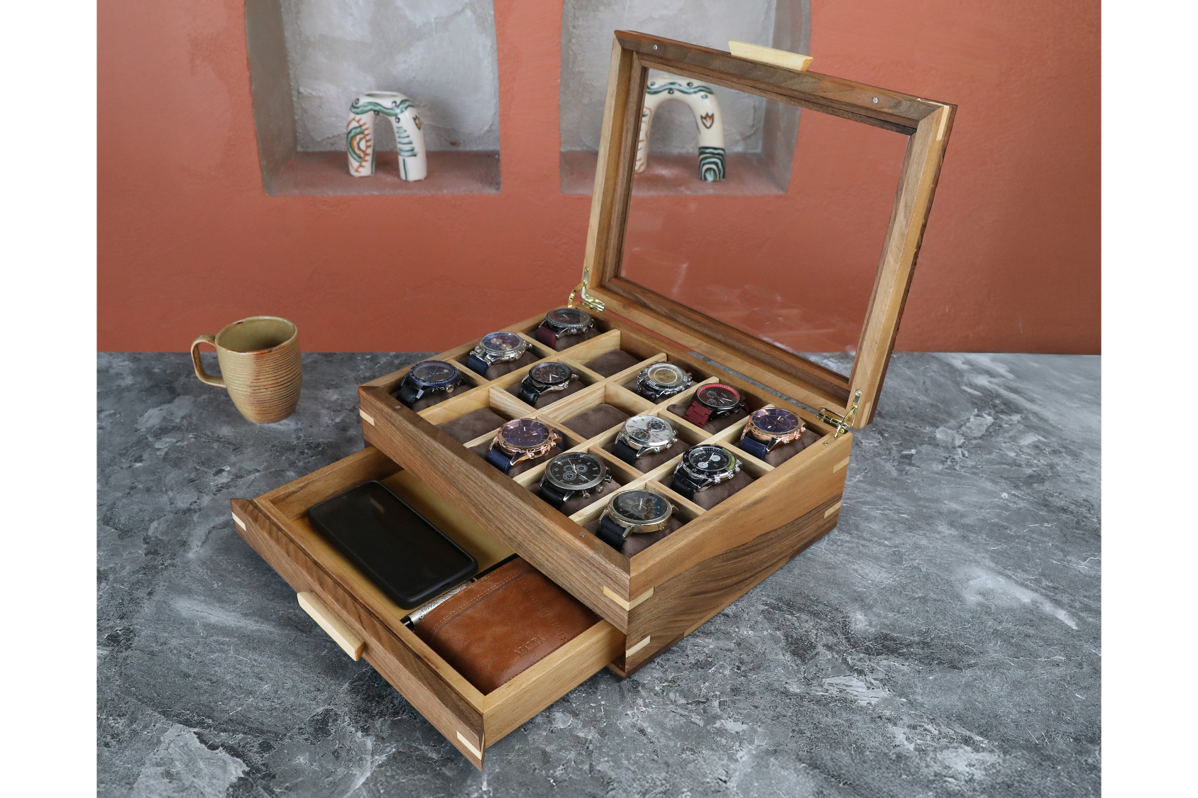 Handmade Wood Watch Box with Drawer (15 Slot)
