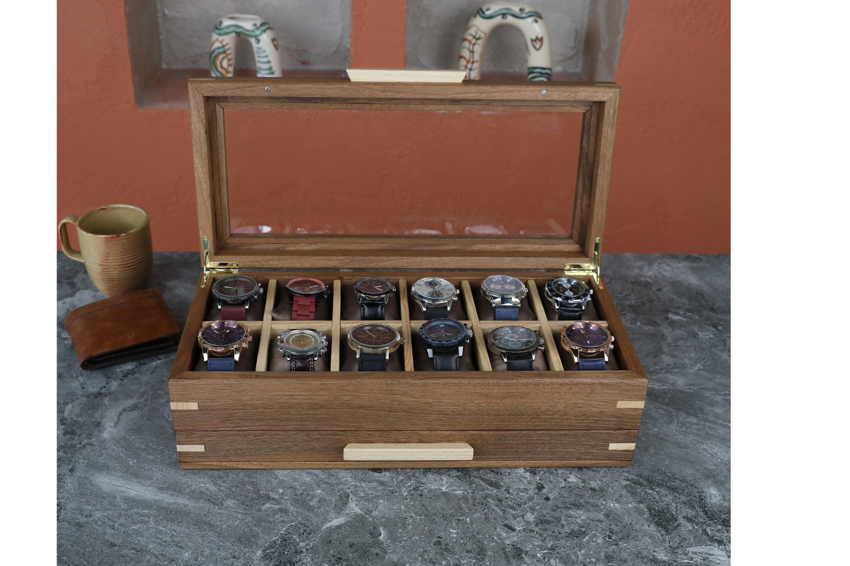 Handmade Wooden Watch Box with Drawer (Glass Lid-12 Slot)