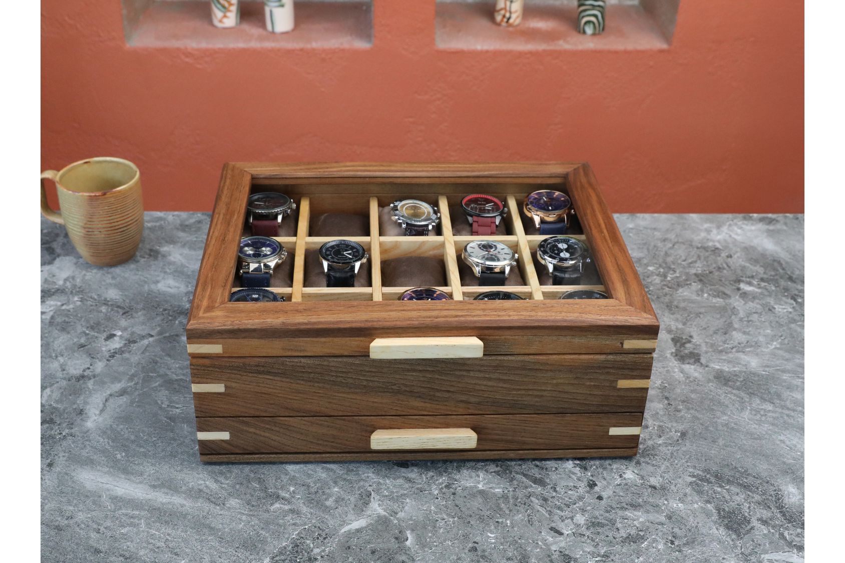 Handmade Wood Watch Box with Drawer (15 Slot)