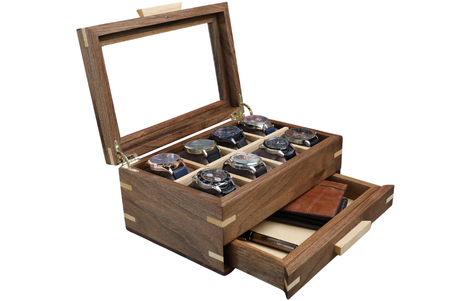 Handmade Personalized Watch Box with Drawer (Glass Lid-8 Slot)