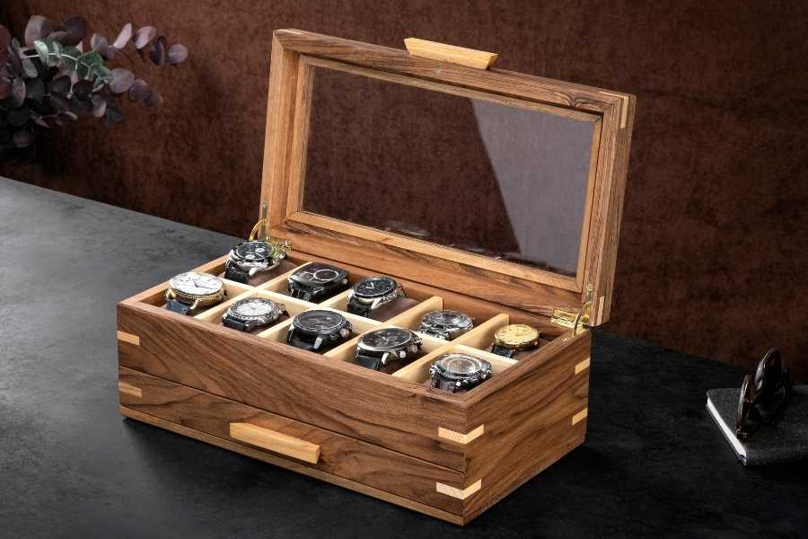 Walnut Watch Box with Glass Lid (8-10-12-15 Slots)