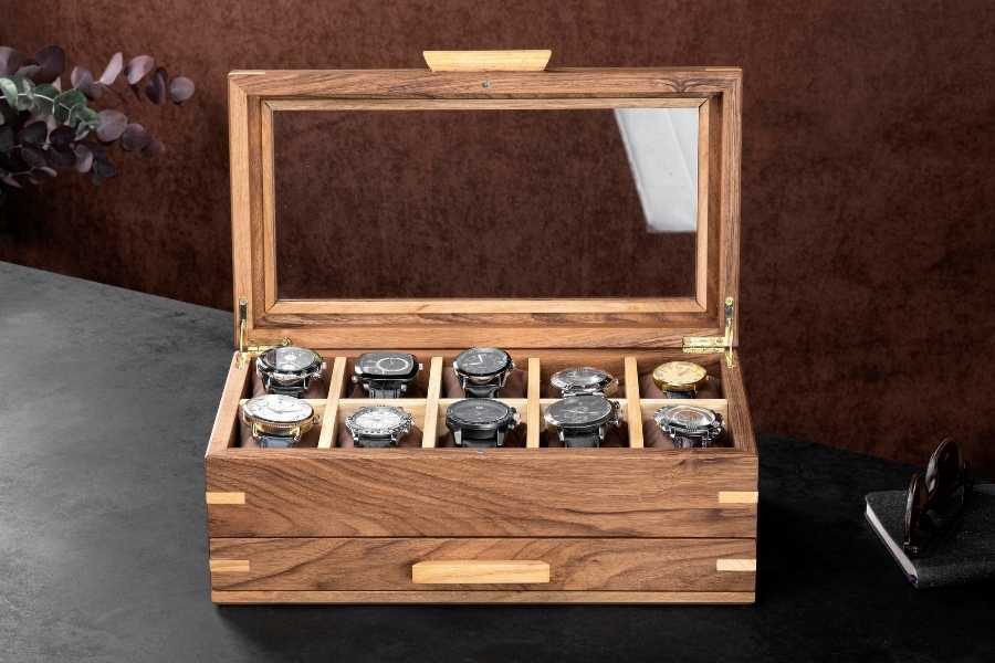 Walnut Watch Box with Glass Lid (8-10-12-15 Slots)