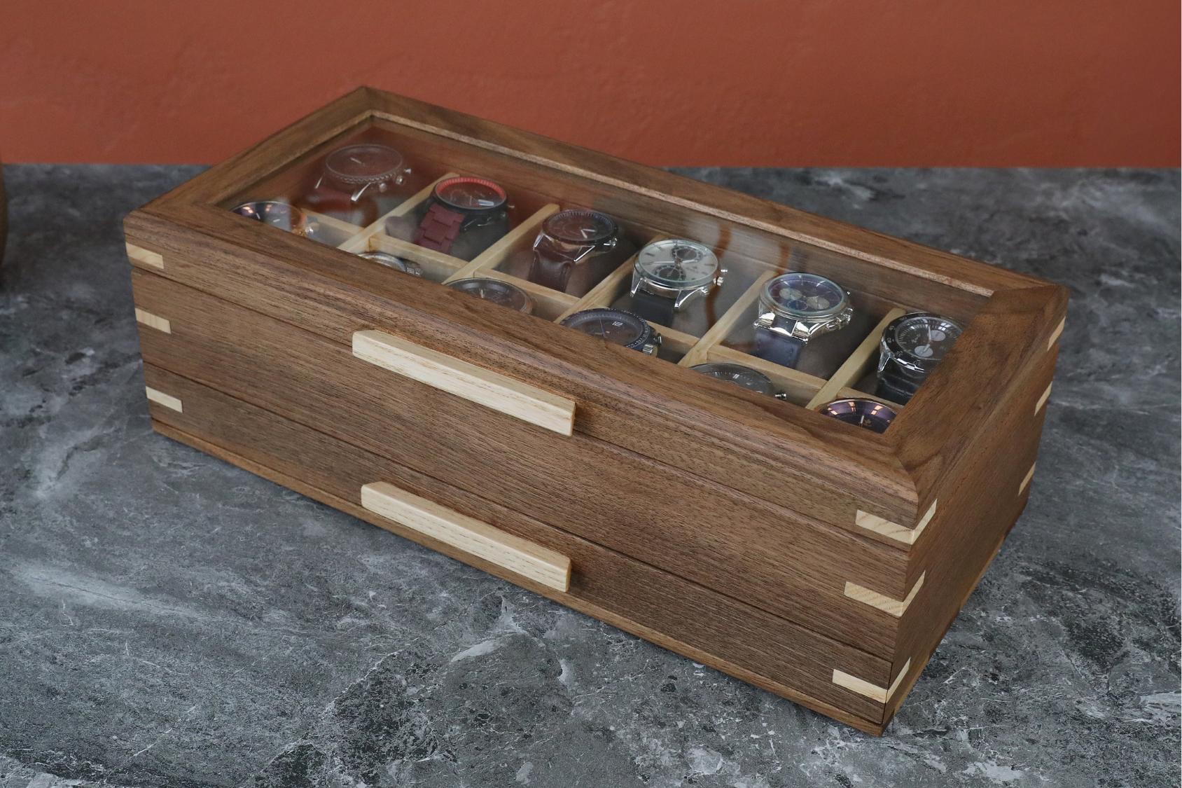 Handmade Wooden Watch Box with Drawer (Glass Lid-12 Slot)