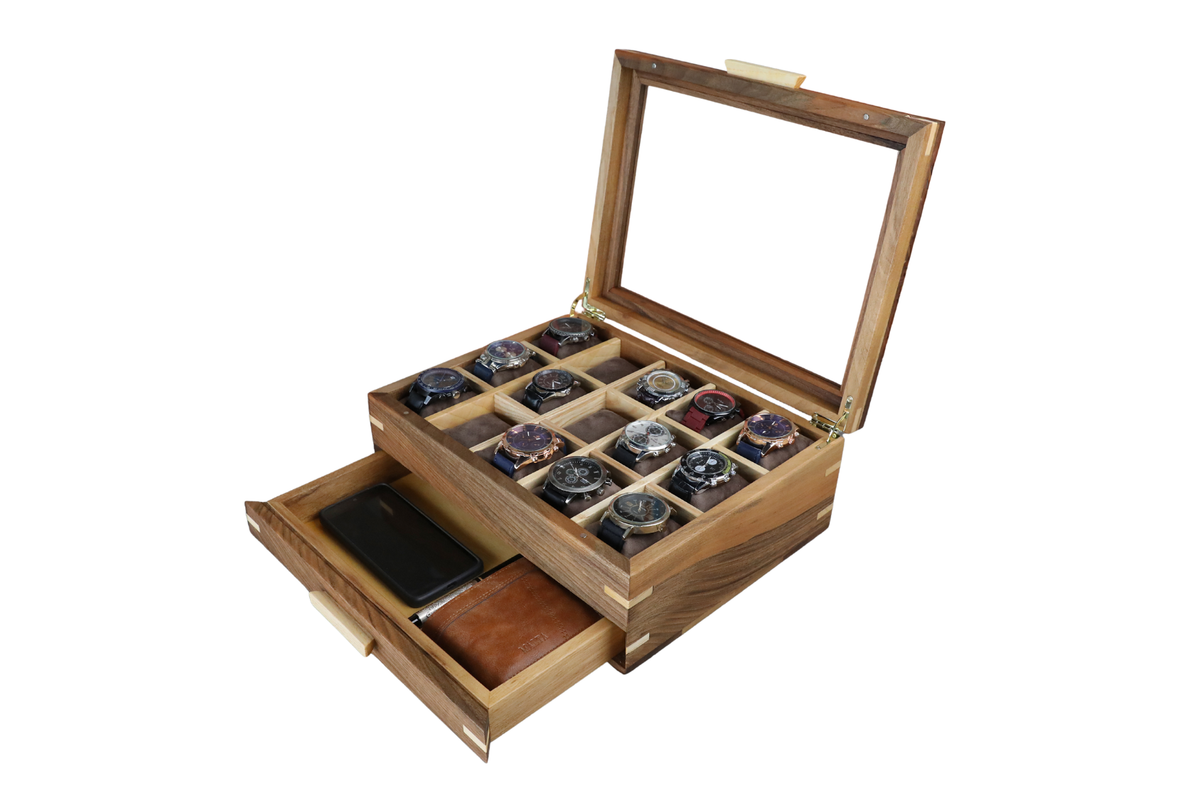 Handmade Wood Watch Box with Drawer (15 Slot)