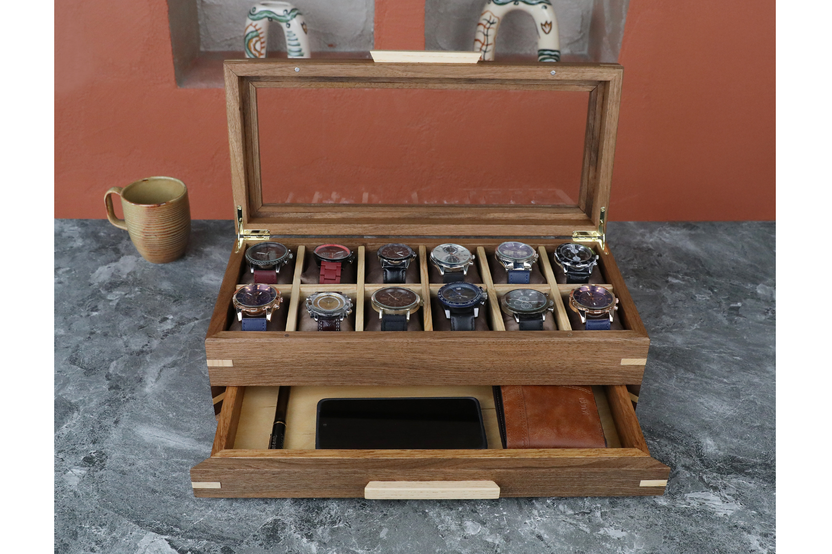 Handmade Wooden Watch Box with Drawer (Glass Lid-12 Slot)
