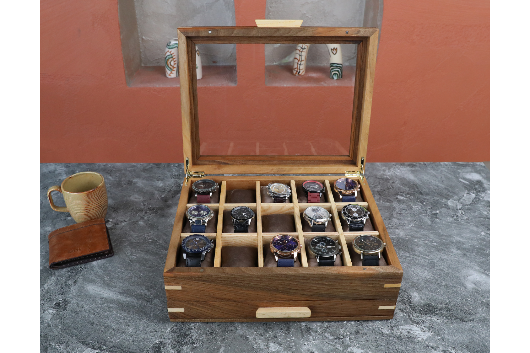 Handmade Wood Watch Box with Drawer (15 Slot)